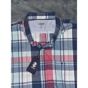 NWT- Izod Men's Button Down Short Sleeve Plaid Shirt Sz XL Blue White Red Cotton